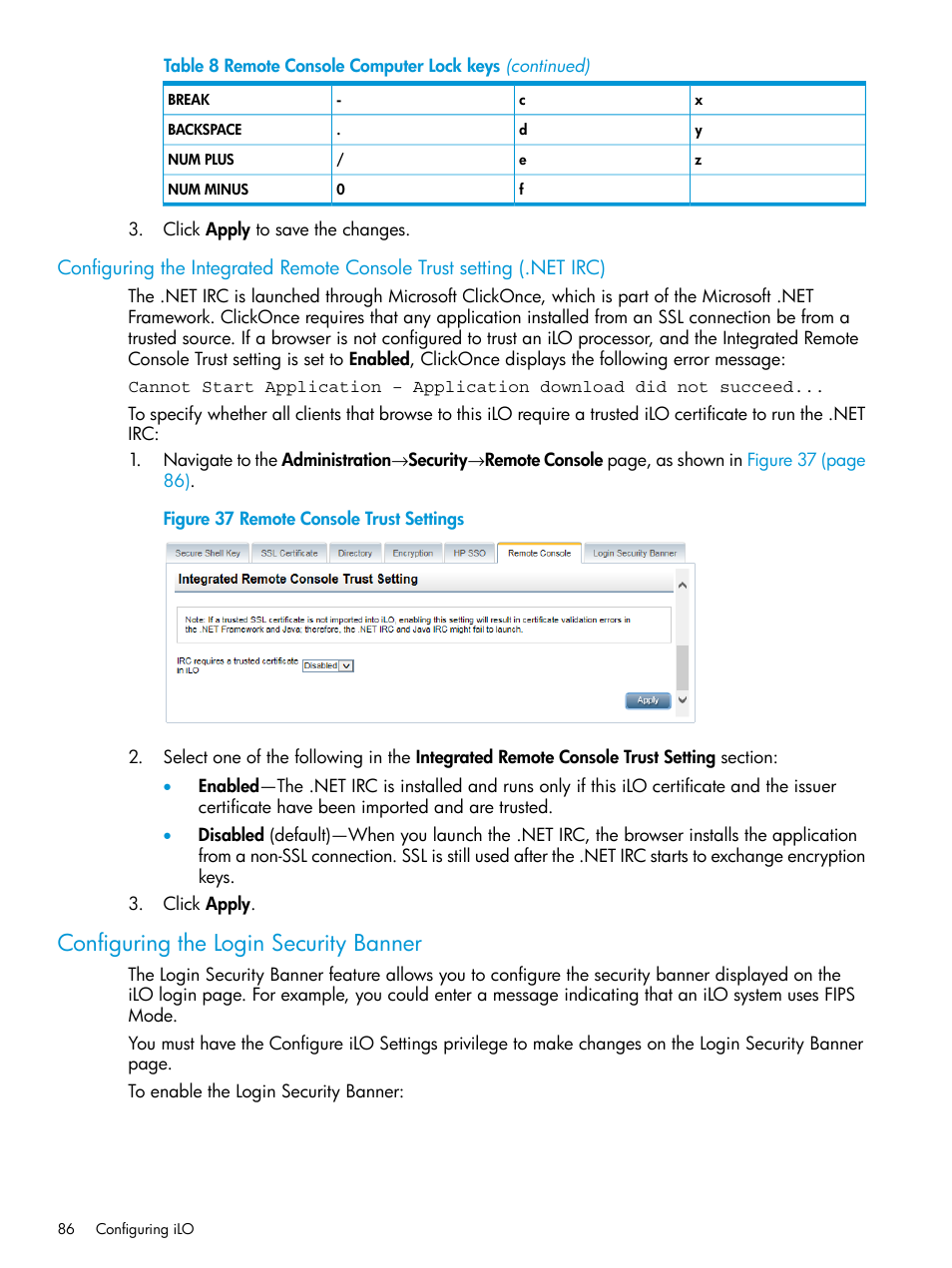 Configuring the login security banner | HP Integrated Lights-Out 4 User Manual | Page 86 / 356