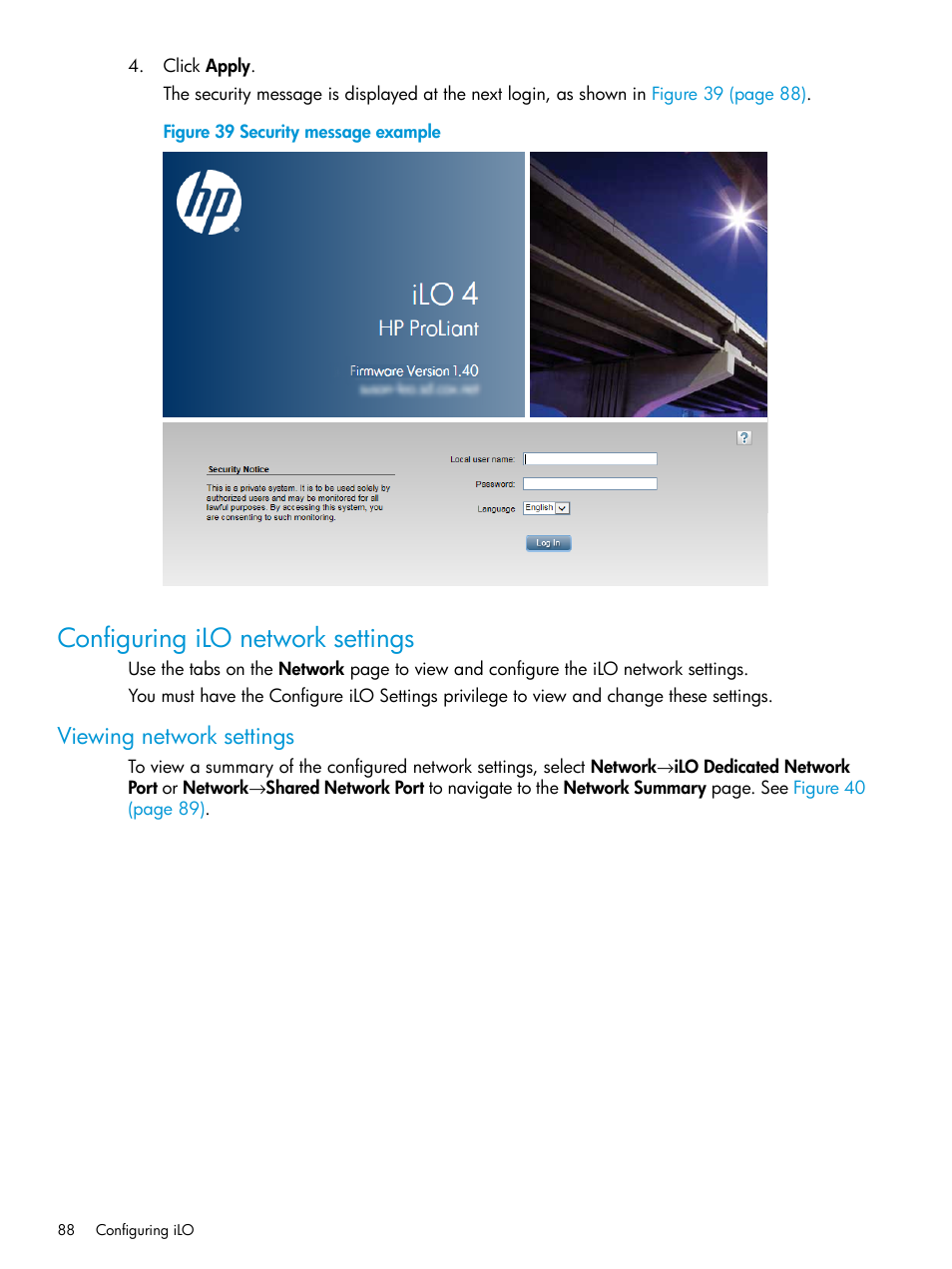 Configuring ilo network settings, Viewing network settings | HP Integrated Lights-Out 4 User Manual | Page 88 / 356