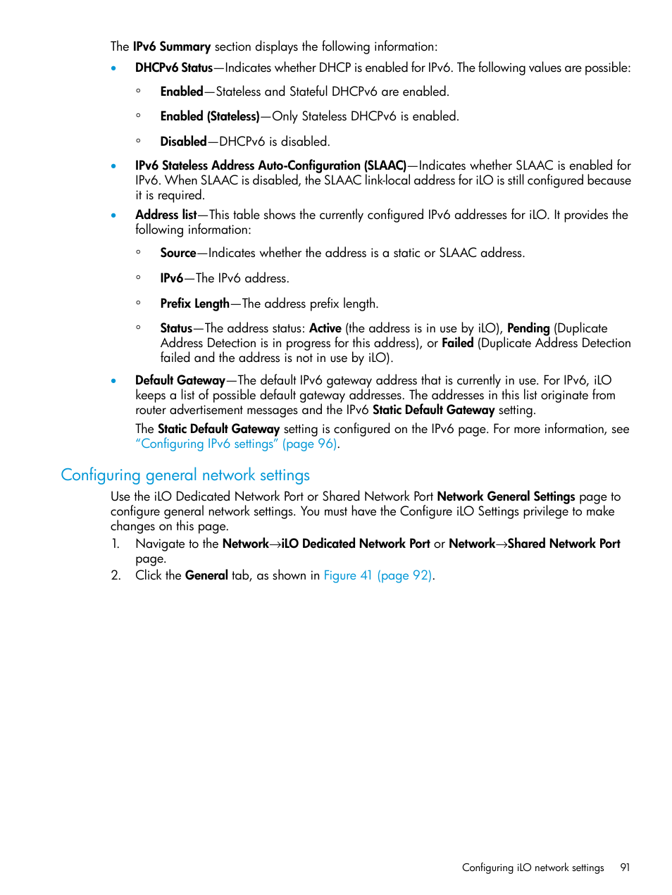 Configuring general network settings | HP Integrated Lights-Out 4 User Manual | Page 91 / 356