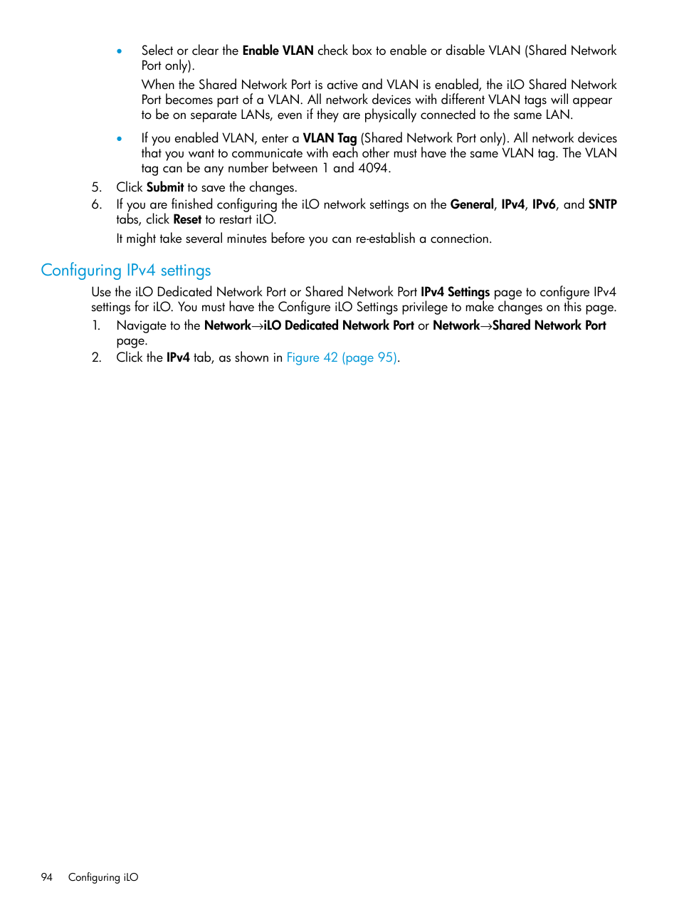 Configuring ipv4 settings | HP Integrated Lights-Out 4 User Manual | Page 94 / 356