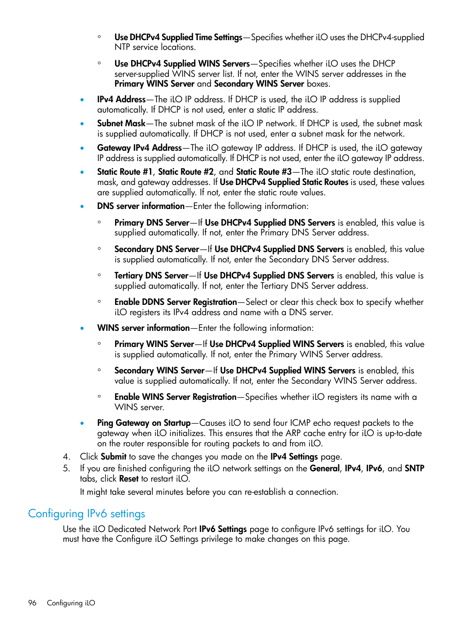 Configuring ipv6 settings | HP Integrated Lights-Out 4 User Manual | Page 96 / 356