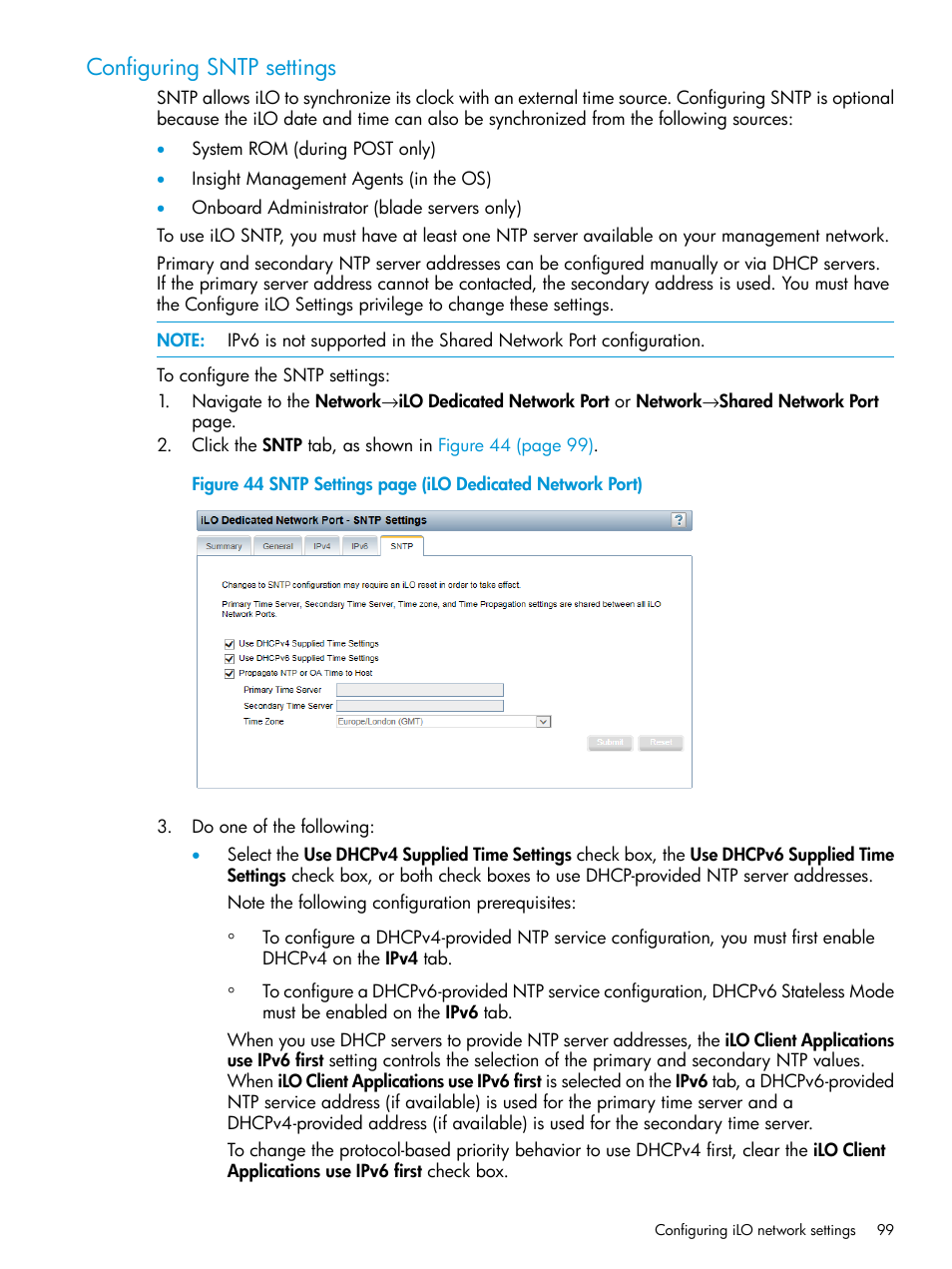 Configuring sntp settings | HP Integrated Lights-Out 4 User Manual | Page 99 / 356