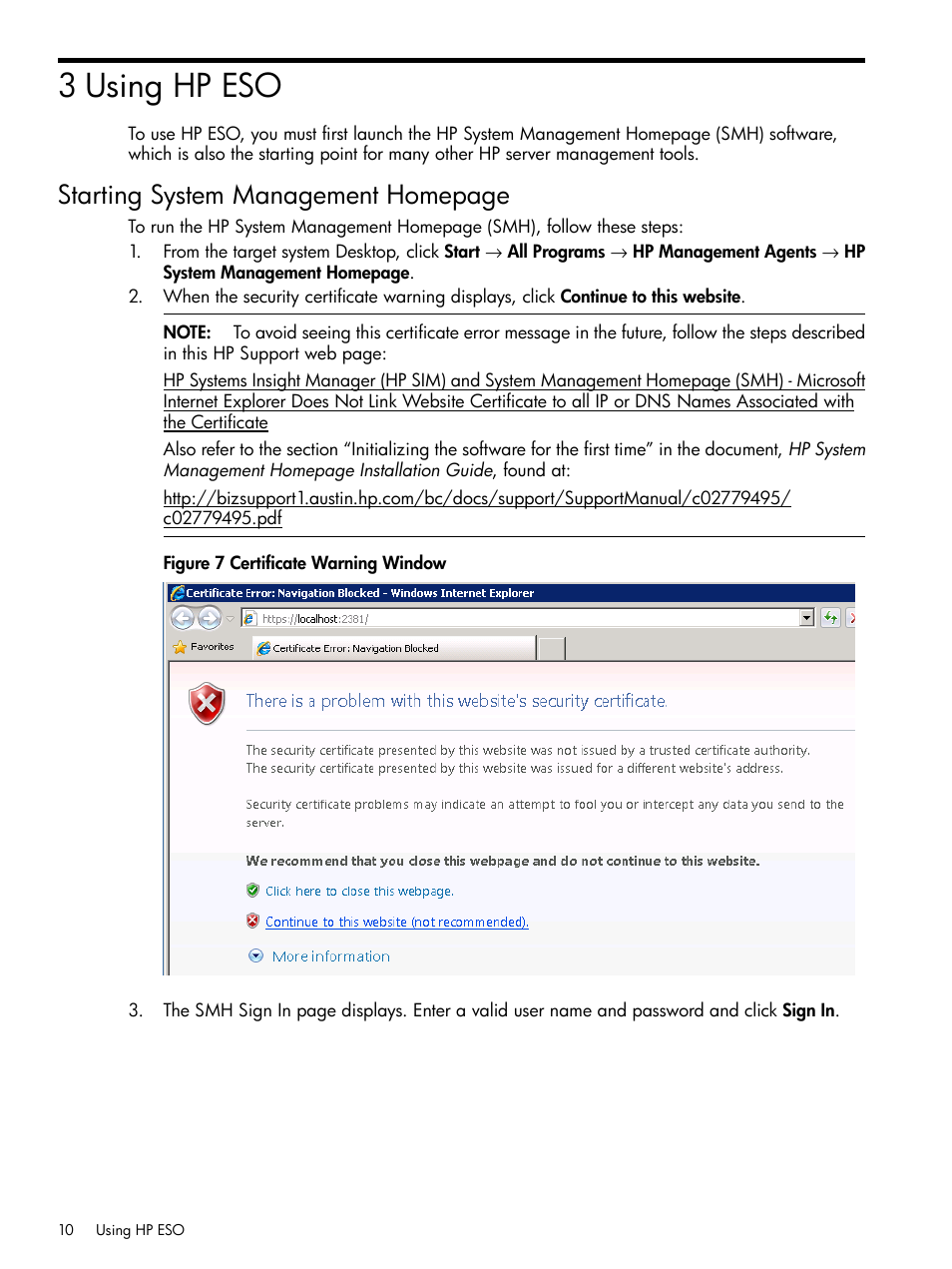 3 using hp eso, Starting system management homepage | HP ProLiant DL980 G7 Server User Manual | Page 10 / 35