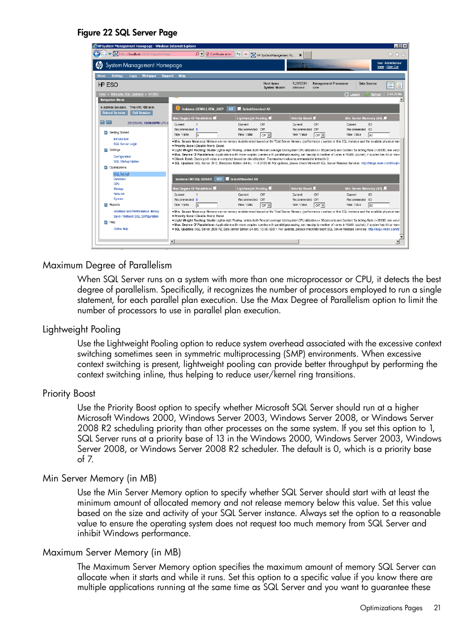 Maximum degree of parallelism, Lightweight pooling, Priority boost | Min server memory (in mb), Maximum server memory (in mb) | HP ProLiant DL980 G7 Server User Manual | Page 21 / 35