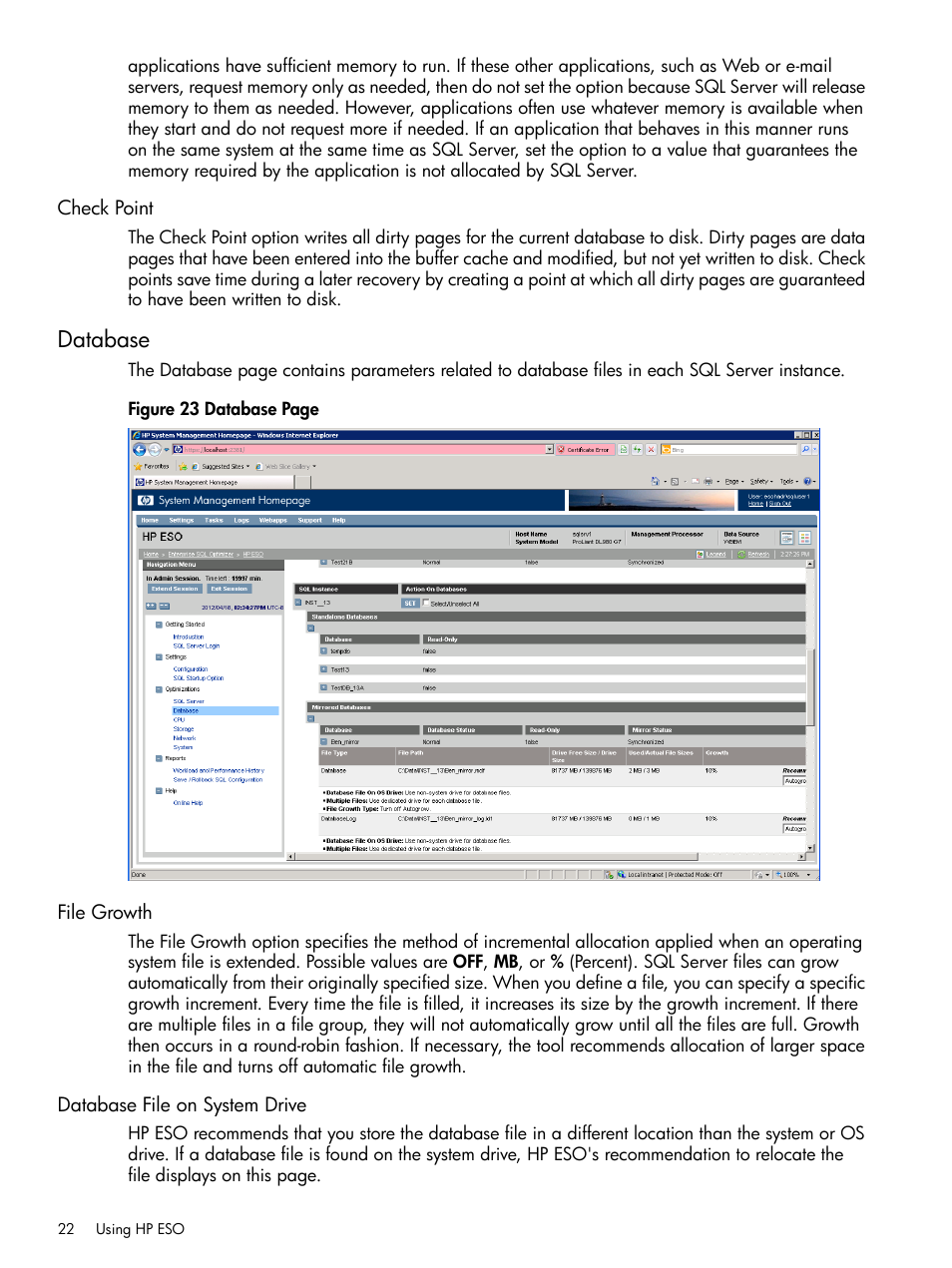 Check point, Database, File growth | Database file on system drive, File growth database file on system drive | HP ProLiant DL980 G7 Server User Manual | Page 22 / 35