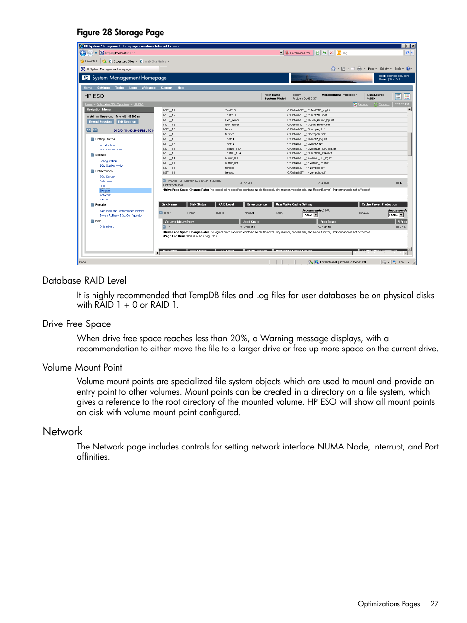 Database raid level, Drive free space, Volume mount point | Network | HP ProLiant DL980 G7 Server User Manual | Page 27 / 35