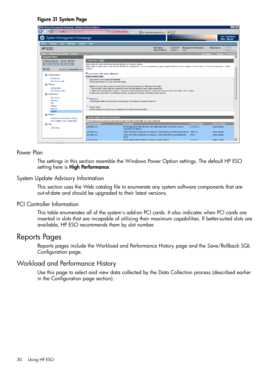 Power plan, System update advisory information, Pci controller information | Workload and performance history, Reports pages | HP ProLiant DL980 G7 Server User Manual | Page 30 / 35