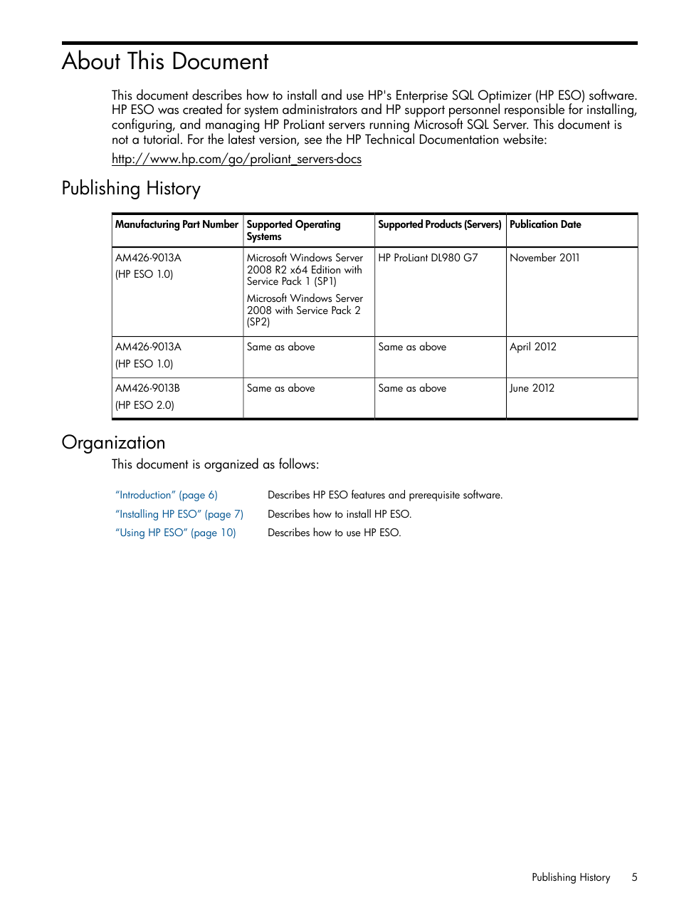 About this document, Publishing history, Organization | Publishing history organization | HP ProLiant DL980 G7 Server User Manual | Page 5 / 35
