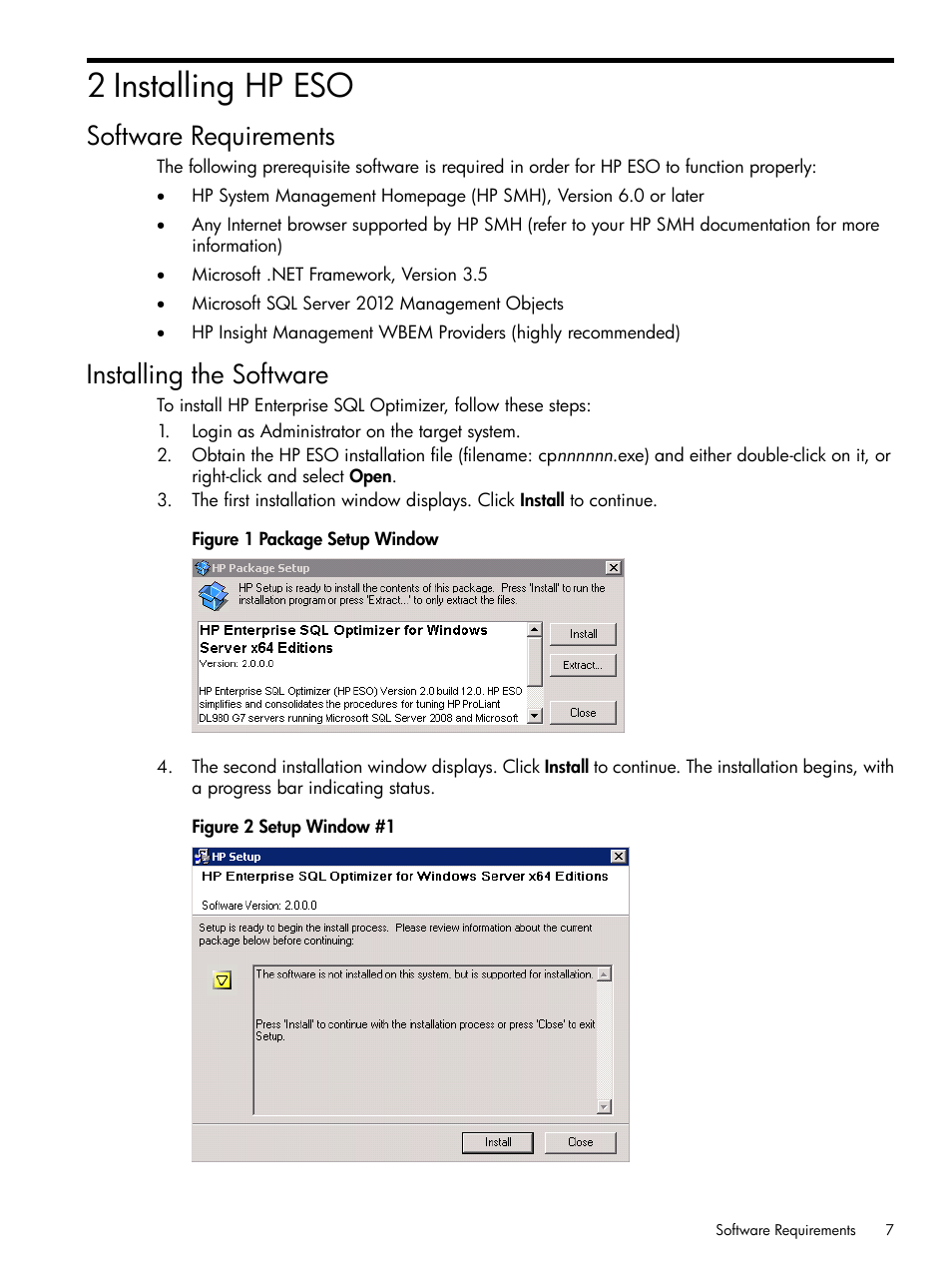 2 installing hp eso, Software requirements, Installing the software | Software requirements installing the software | HP ProLiant DL980 G7 Server User Manual | Page 7 / 35