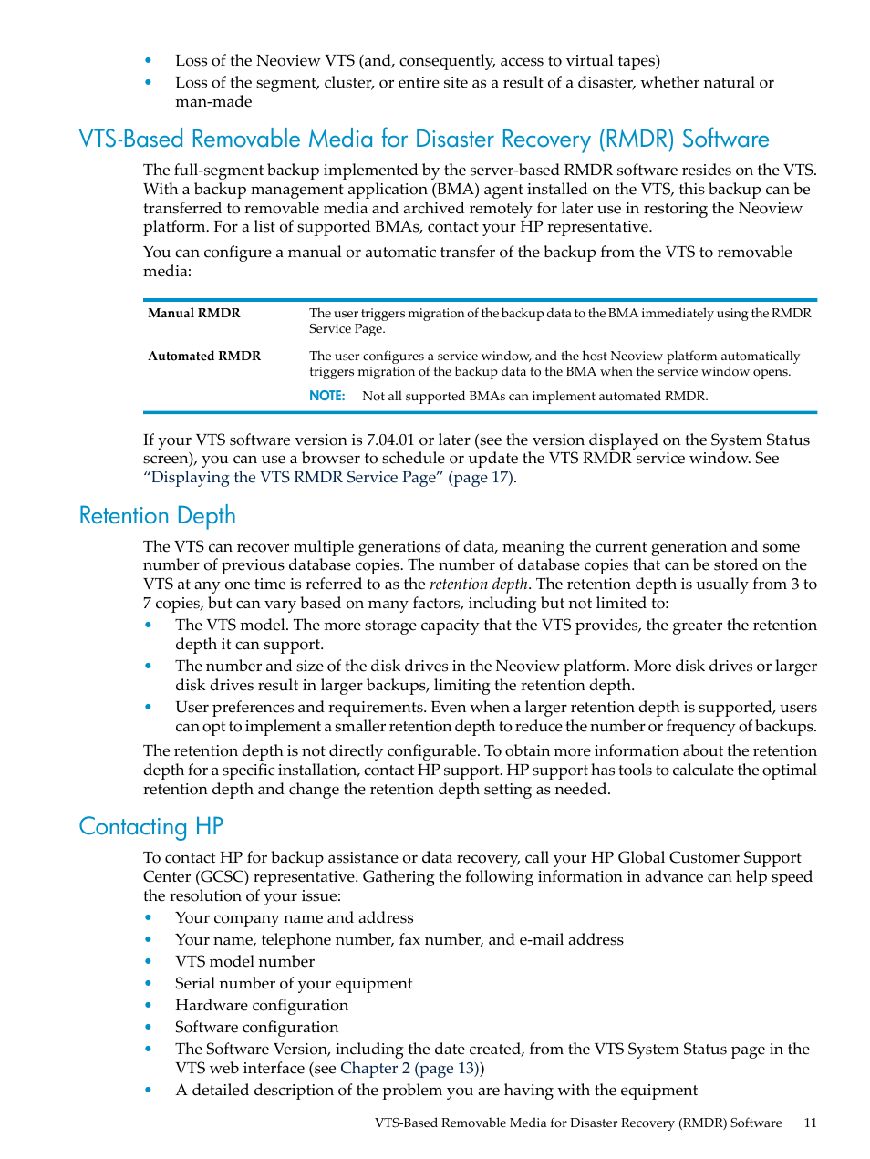 Retention depth, Contacting hp | HP Neoview Release 2.5 Software User Manual | Page 11 / 36