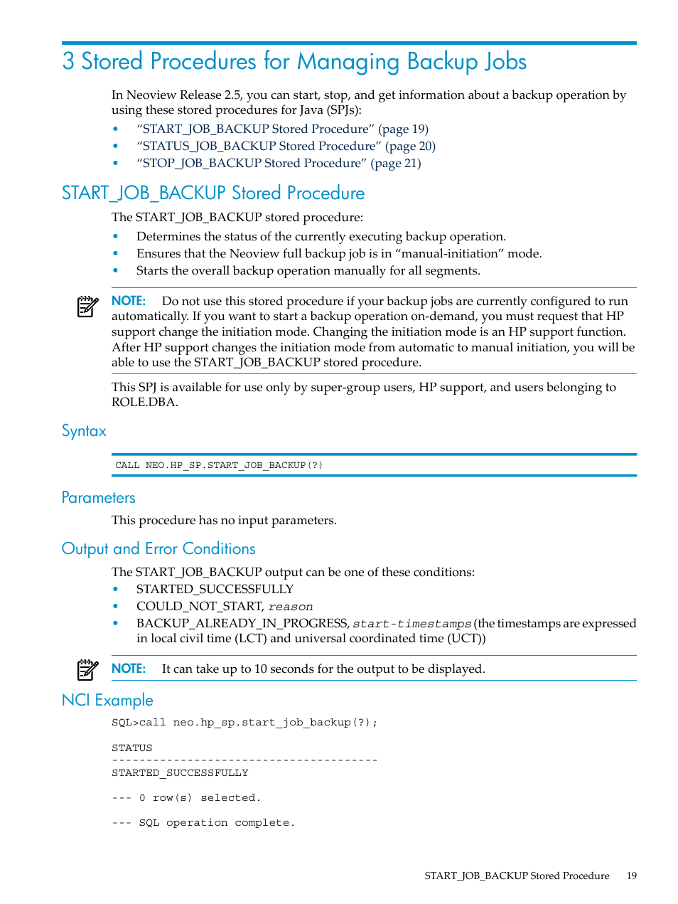 3 stored procedures for managing backup jobs, Start_job_backup stored procedure, Syntax | Parameters, Output and error conditions, Nci example | HP Neoview Release 2.5 Software User Manual | Page 19 / 36