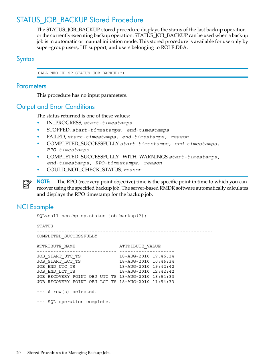 Status_job_backup stored procedure, Syntax, Parameters | Output and error conditions, Nci example | HP Neoview Release 2.5 Software User Manual | Page 20 / 36