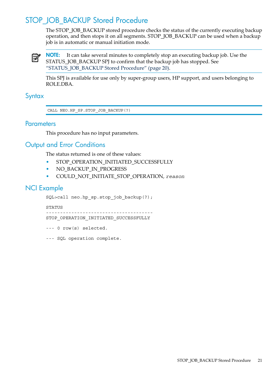 Stop_job_backup stored procedure, Syntax, Parameters | Output and error conditions, Nci example | HP Neoview Release 2.5 Software User Manual | Page 21 / 36