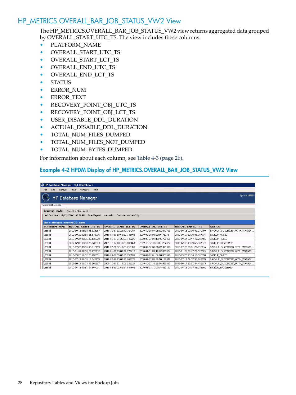 Hp_metrics.overall_bar_job_status_vw2 view | HP Neoview Release 2.5 Software User Manual | Page 28 / 36