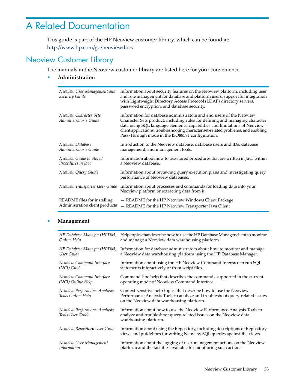 A related documentation, Neoview customer library, Appendix a | HP Neoview Release 2.5 Software User Manual | Page 33 / 36