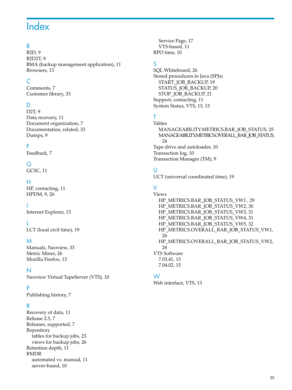 Index | HP Neoview Release 2.5 Software User Manual | Page 35 / 36