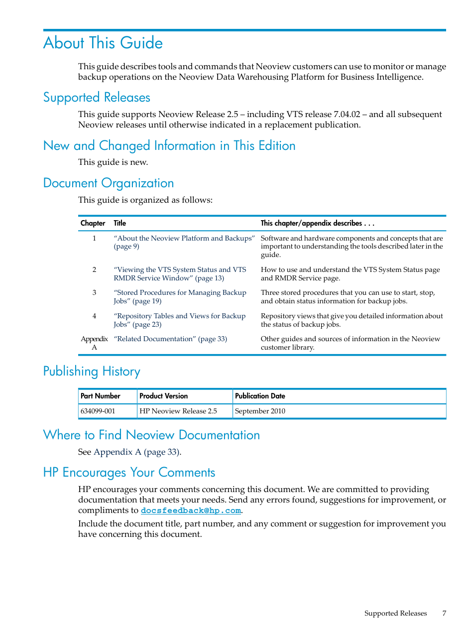 About this guide, Supported releases, New and changed information in this edition | Document organization, Publishing history, Where to find neoview documentation, Hp encourages your comments | HP Neoview Release 2.5 Software User Manual | Page 7 / 36