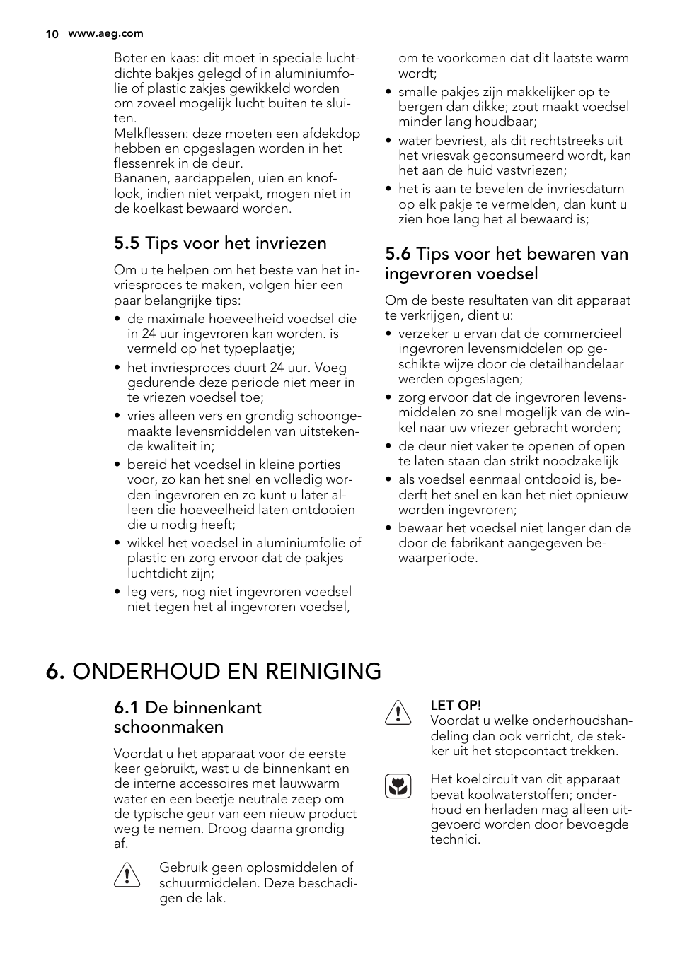 Onderhoud en reiniging, 5 tips voor het invriezen, 6 tips voor het bewaren van ingevroren voedsel | 1 de binnenkant schoonmaken | AEG S53400CSS0 User Manual | Page 10 / 84