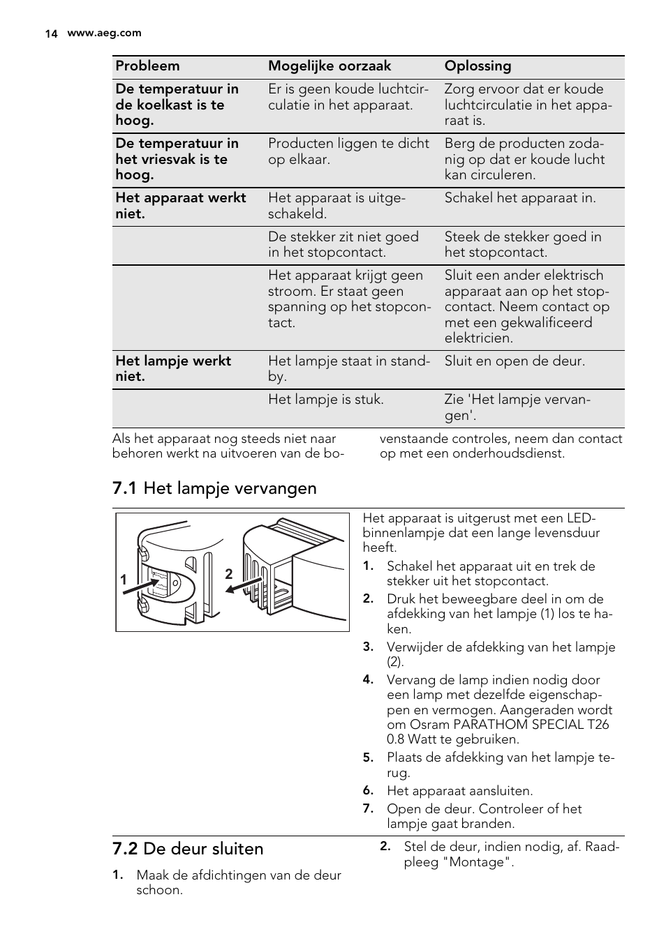 1 het lampje vervangen, 2 de deur sluiten | AEG S53400CSS0 User Manual | Page 14 / 84