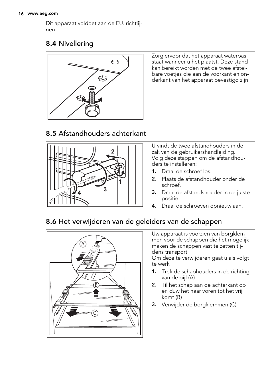 4 nivellering, 5 afstandhouders achterkant, 6 het verwijderen van de geleiders van de schappen | AEG S53400CSS0 User Manual | Page 16 / 84
