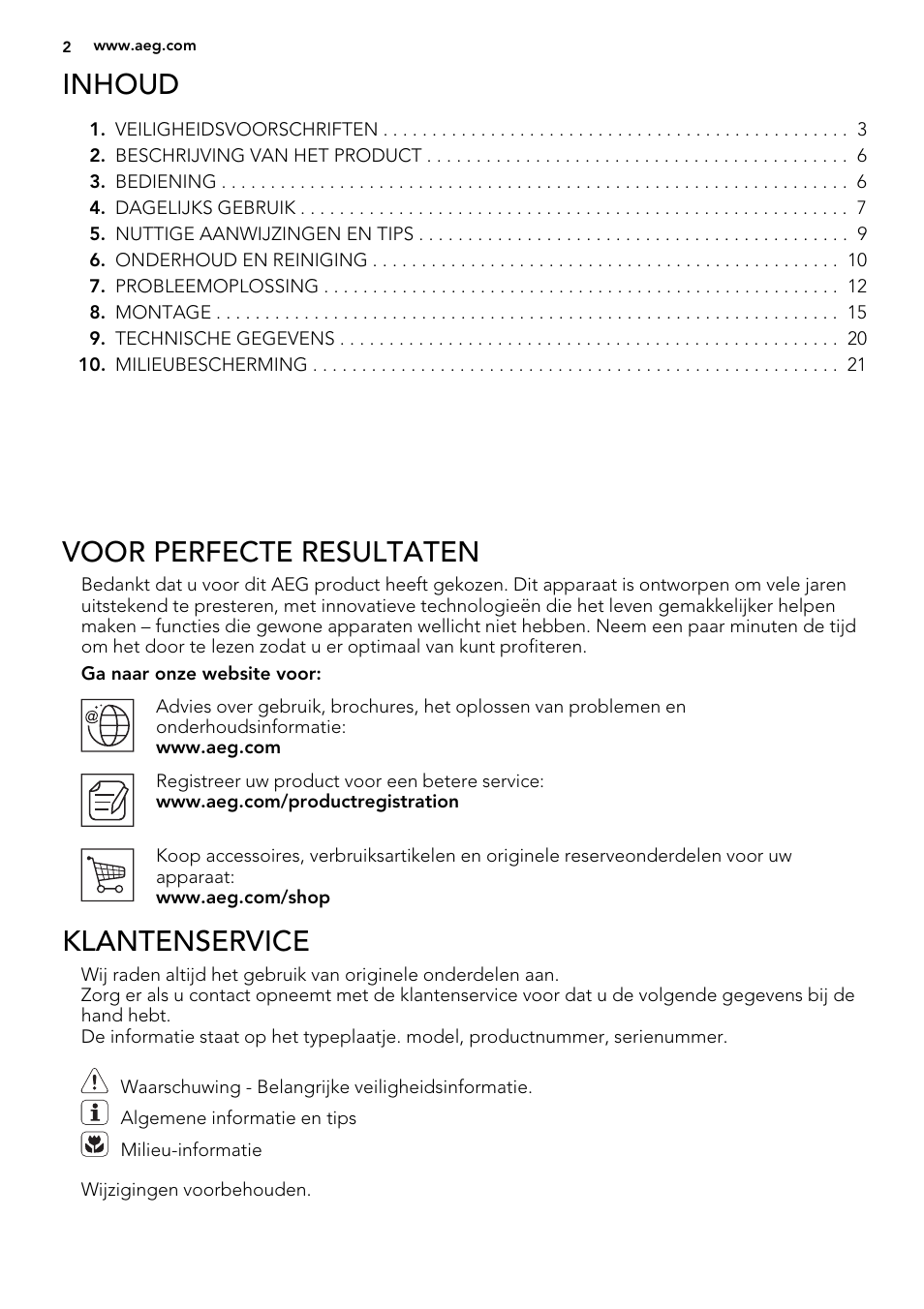 Inhoud, Voor perfecte resultaten, Klantenservice | AEG S53400CSS0 User Manual | Page 2 / 84