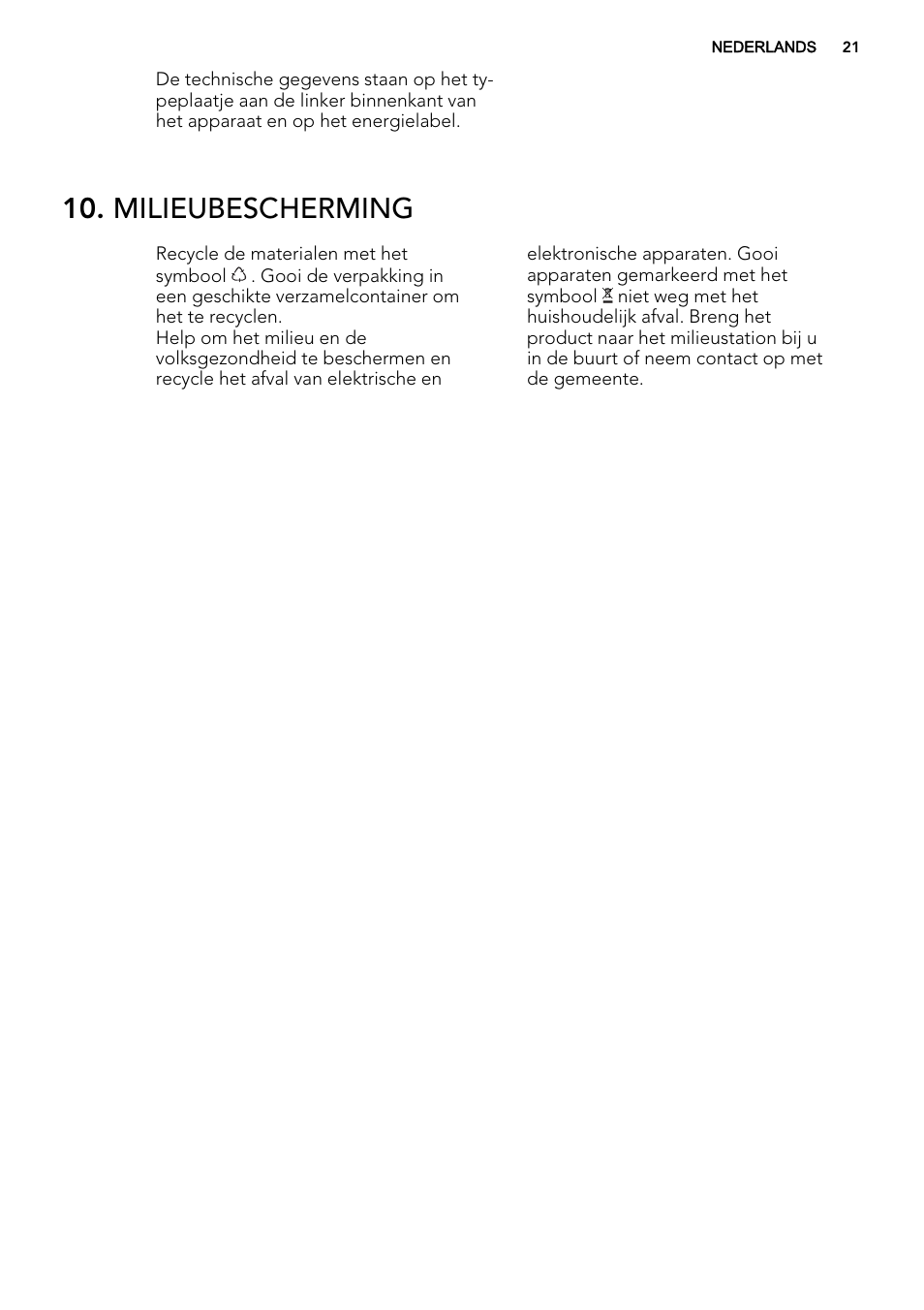 Milieubescherming | AEG S53400CSS0 User Manual | Page 21 / 84