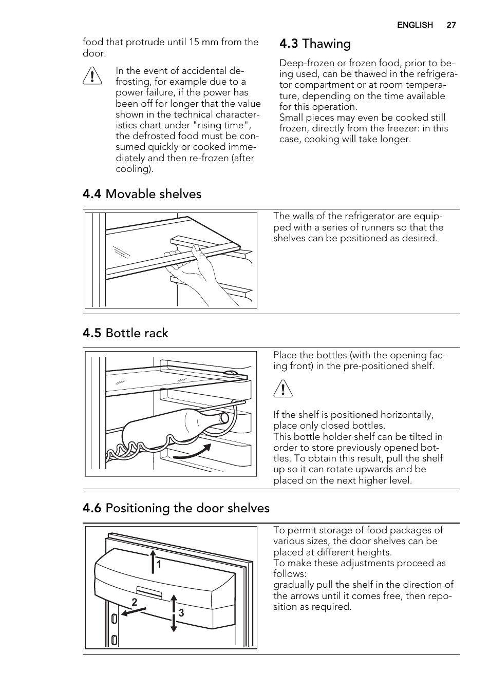 3 thawing, 4 movable shelves, 5 bottle rack | 6 positioning the door shelves | AEG S53400CSS0 User Manual | Page 27 / 84