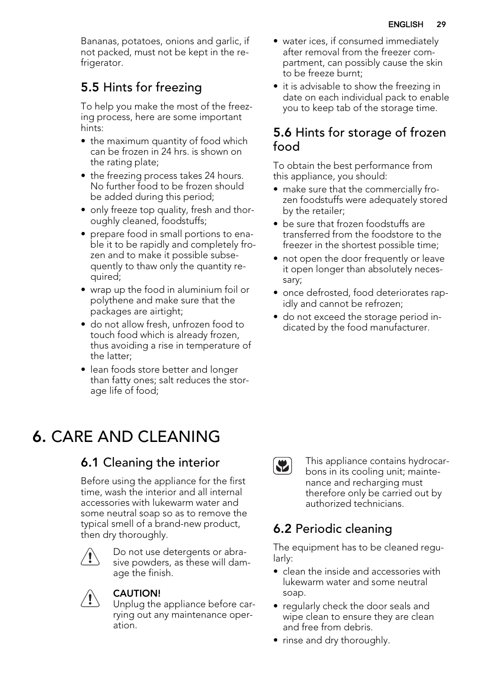 Care and cleaning, 5 hints for freezing, 6 hints for storage of frozen food | 1 cleaning the interior, 2 periodic cleaning | AEG S53400CSS0 User Manual | Page 29 / 84