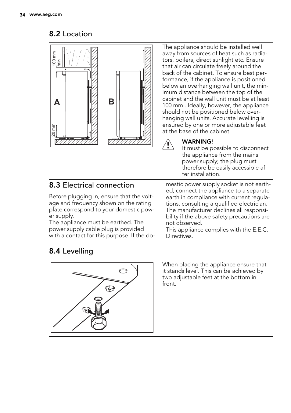 2 location, 3 electrical connection, 4 levelling | AEG S53400CSS0 User Manual | Page 34 / 84