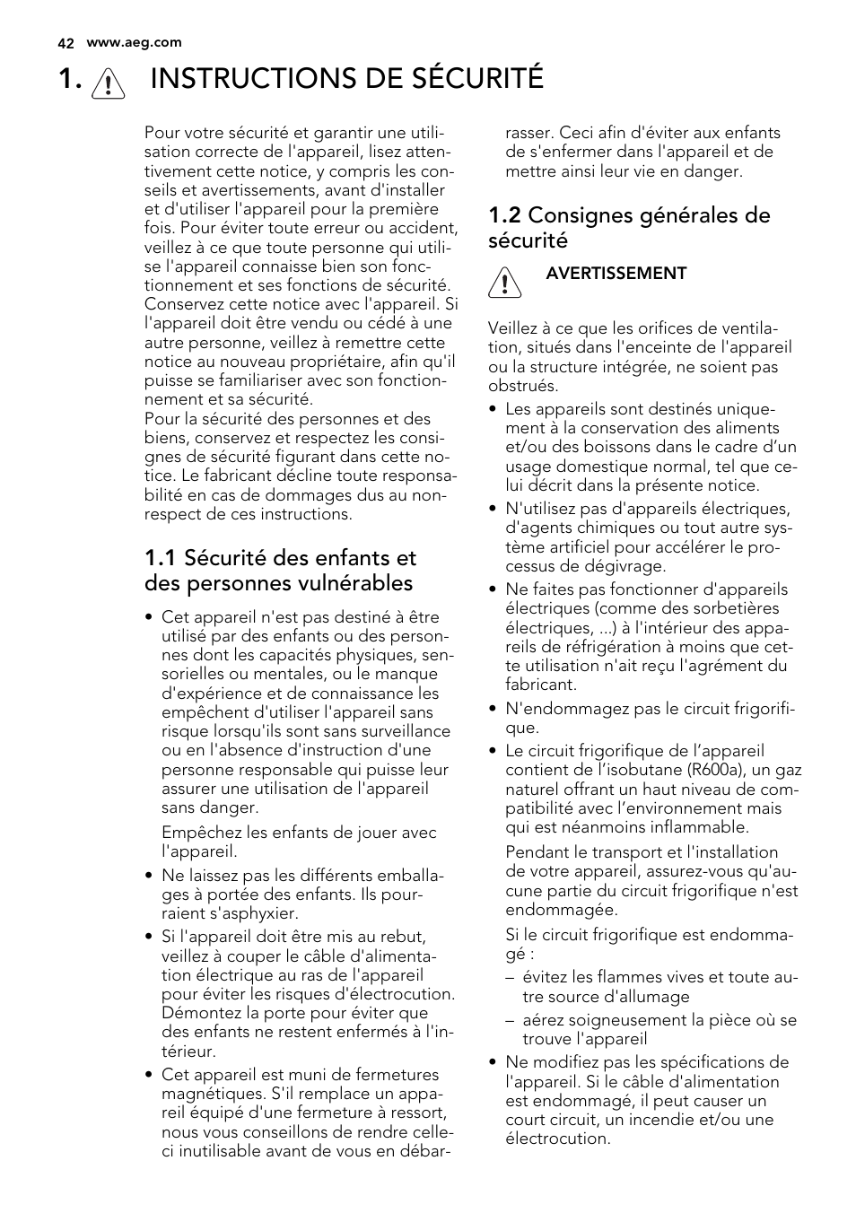 Instructions de sécurité, 2 consignes générales de sécurité | AEG S53400CSS0 User Manual | Page 42 / 84