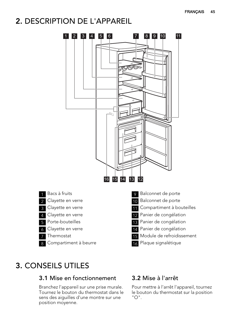 Description de l'appareil, Conseils utiles, 1 mise en fonctionnement | 2 mise à l'arrêt | AEG S53400CSS0 User Manual | Page 45 / 84