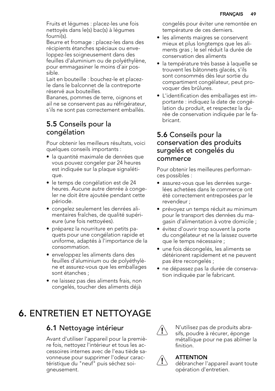 Entretien et nettoyage, 5 conseils pour la congélation, 1 nettoyage intérieur | AEG S53400CSS0 User Manual | Page 49 / 84