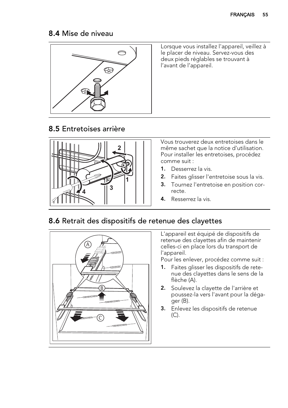 4 mise de niveau, 5 entretoises arrière, 6 retrait des dispositifs de retenue des clayettes | AEG S53400CSS0 User Manual | Page 55 / 84