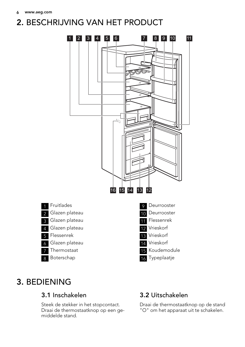 Beschrijving van het product, Bediening, 1 inschakelen | 2 uitschakelen | AEG S53400CSS0 User Manual | Page 6 / 84