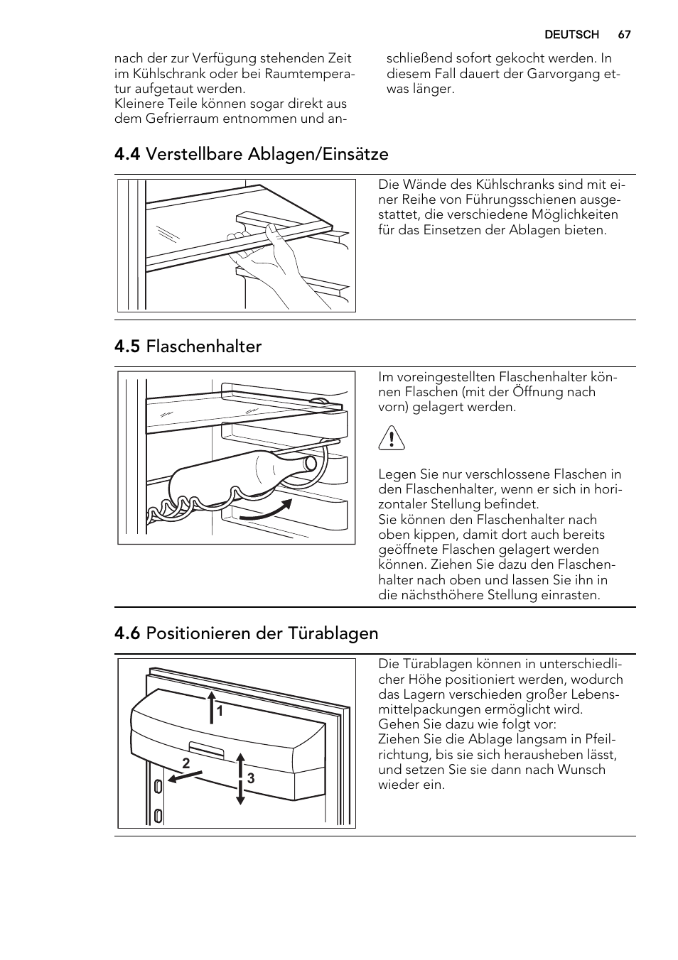 4 verstellbare ablagen/einsätze, 5 flaschenhalter, 6 positionieren der türablagen | AEG S53400CSS0 User Manual | Page 67 / 84