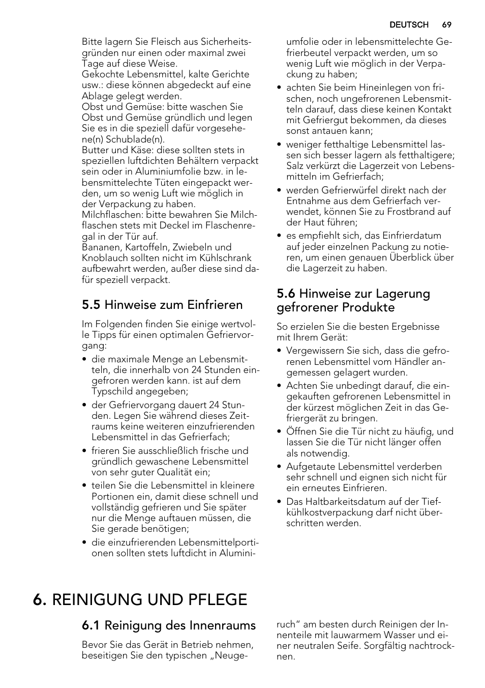 Reinigung und pflege, 5 hinweise zum einfrieren, 6 hinweise zur lagerung gefrorener produkte | 1 reinigung des innenraums | AEG S53400CSS0 User Manual | Page 69 / 84