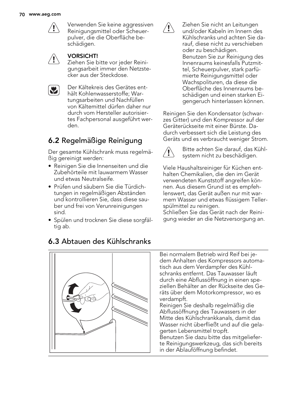 2 regelmäßige reinigung, 3 abtauen des kühlschranks | AEG S53400CSS0 User Manual | Page 70 / 84