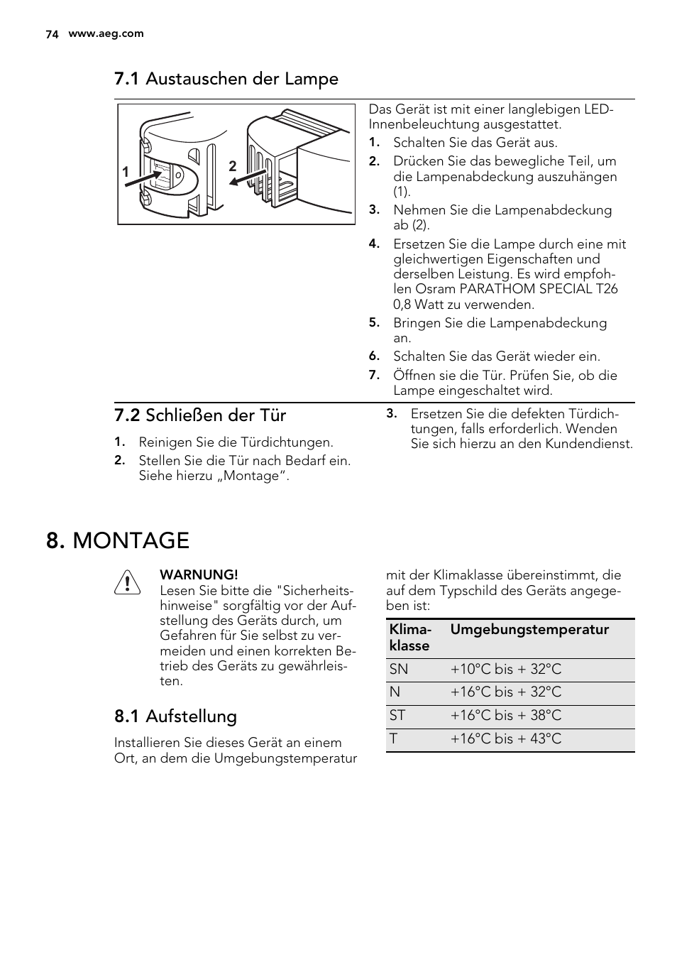 Montage, 1 austauschen der lampe, 2 schließen der tür | 1 aufstellung | AEG S53400CSS0 User Manual | Page 74 / 84