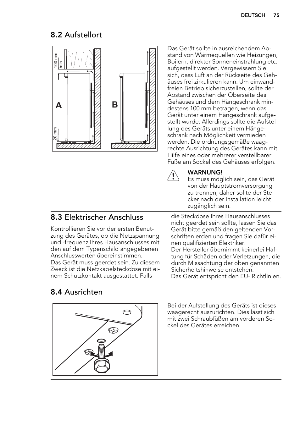 2 aufstellort, 3 elektrischer anschluss, 4 ausrichten | AEG S53400CSS0 User Manual | Page 75 / 84