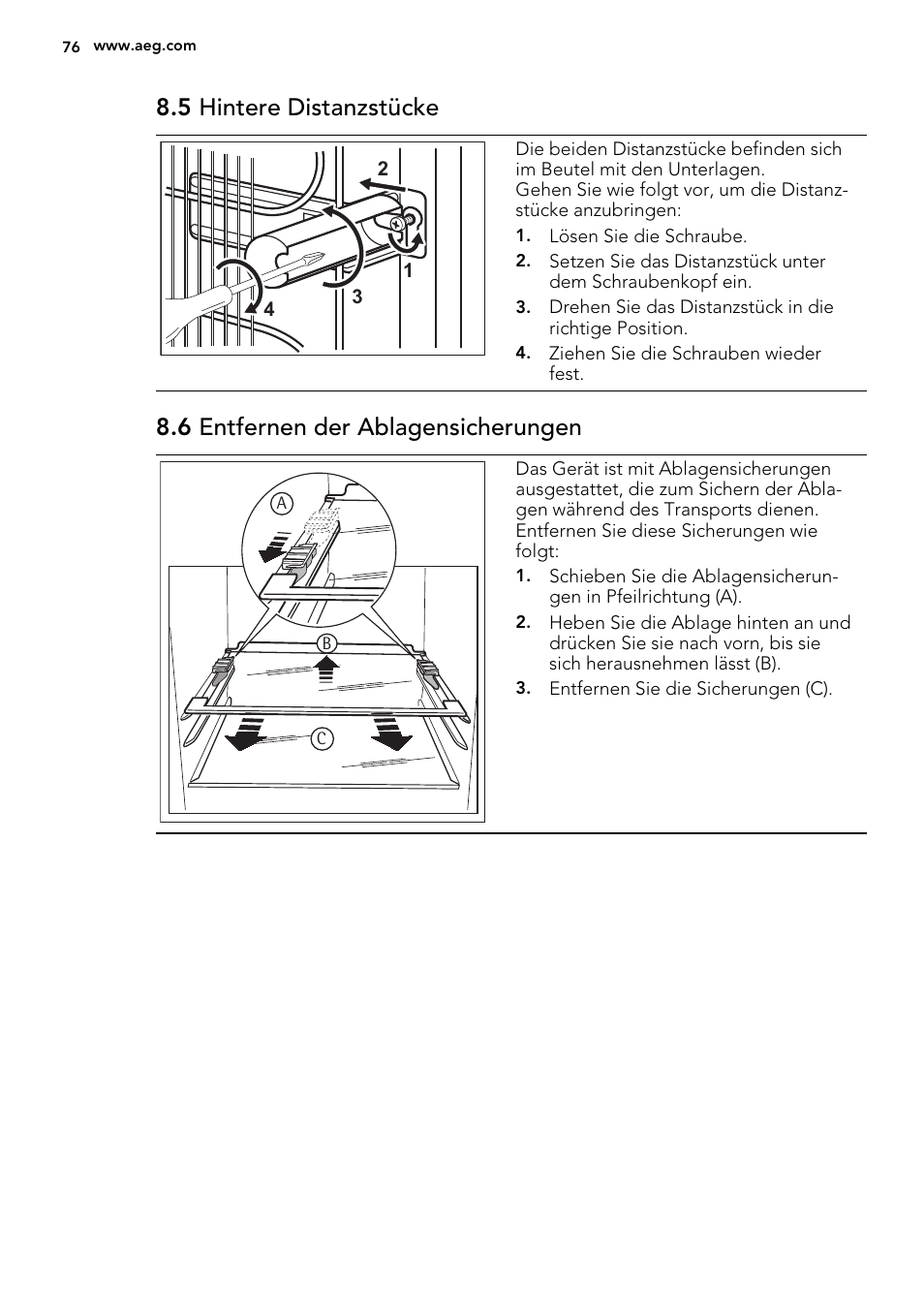 5 hintere distanzstücke, 6 entfernen der ablagensicherungen | AEG S53400CSS0 User Manual | Page 76 / 84