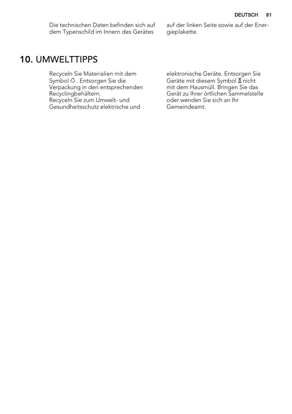 Umwelttipps | AEG S53400CSS0 User Manual | Page 81 / 84