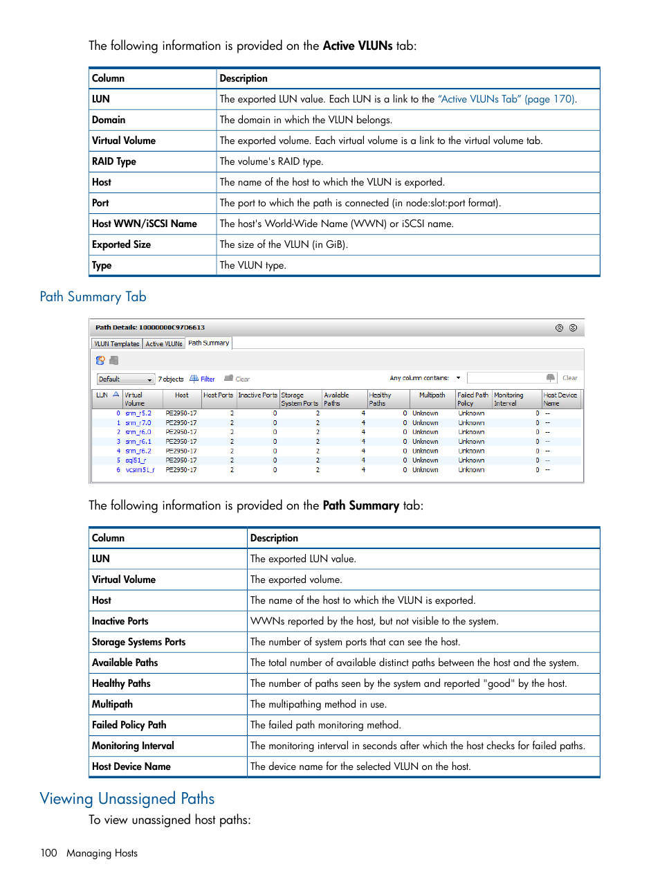 Path summary tab, Viewing unassigned paths | HP 3PAR Operating System Software User Manual | Page 100 / 424