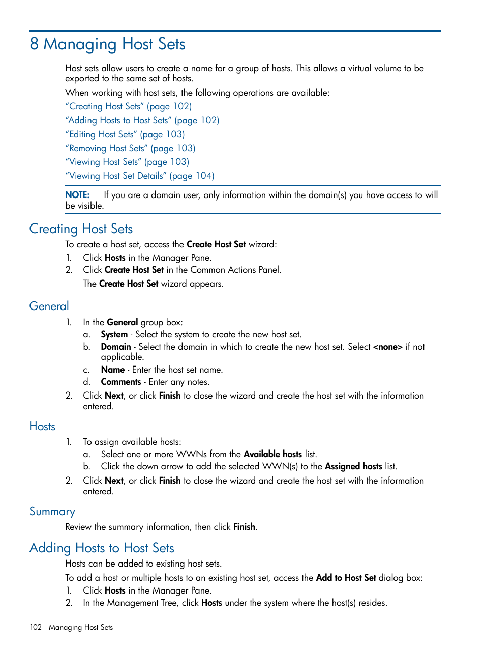 8 managing host sets, Creating host sets, General | Hosts, Summary, Adding hosts to host sets, General hosts summary | HP 3PAR Operating System Software User Manual | Page 102 / 424