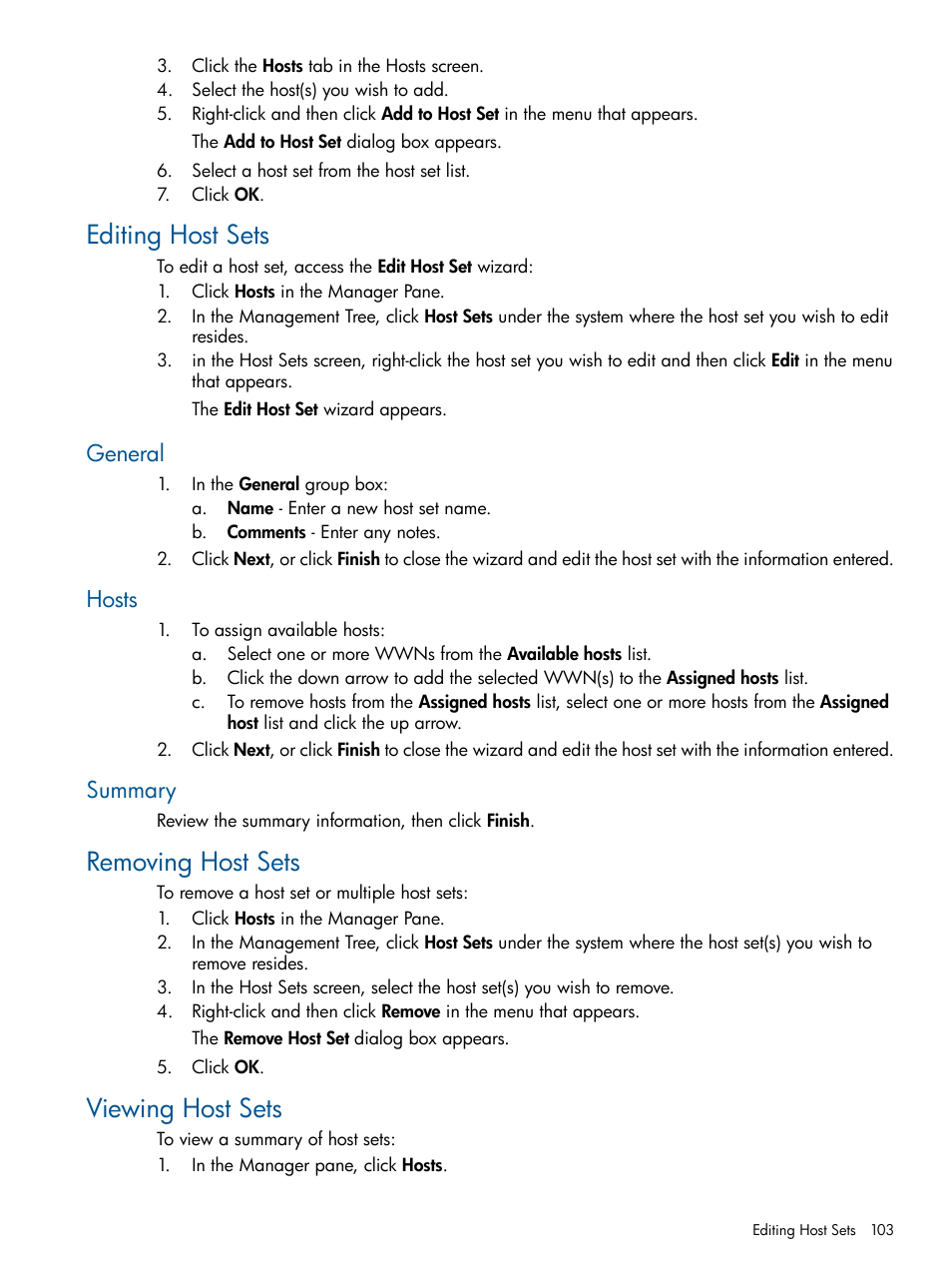 Editing host sets, General, Hosts | Summary, Removing host sets, Viewing host sets, General hosts summary, Removing host sets viewing host sets | HP 3PAR Operating System Software User Manual | Page 103 / 424