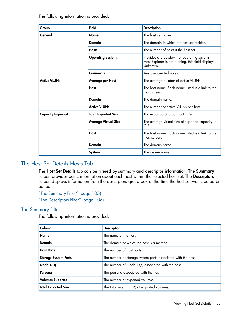 The host set details hosts tab, The summary filter | HP 3PAR Operating System Software User Manual | Page 105 / 424