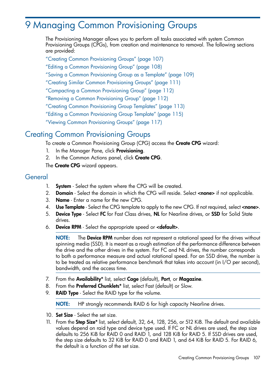 9 managing common provisioning groups, Creating common provisioning groups, General | HP 3PAR Operating System Software User Manual | Page 107 / 424