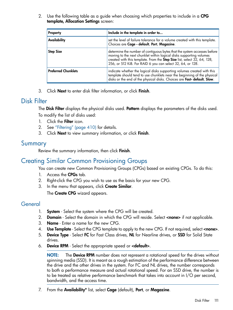 Disk filter, Summary, Creating similar common provisioning groups | General | HP 3PAR Operating System Software User Manual | Page 111 / 424