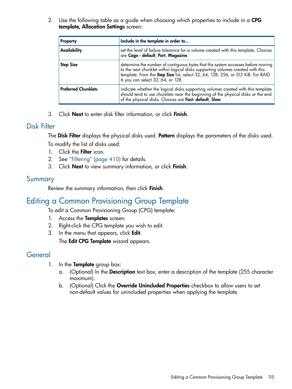 Disk filter, Summary, Editing a common provisioning group template | General, Disk filter summary | HP 3PAR Operating System Software User Manual | Page 115 / 424