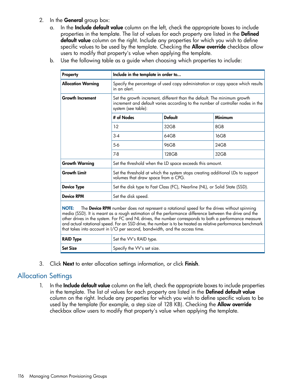 Allocation settings | HP 3PAR Operating System Software User Manual | Page 116 / 424