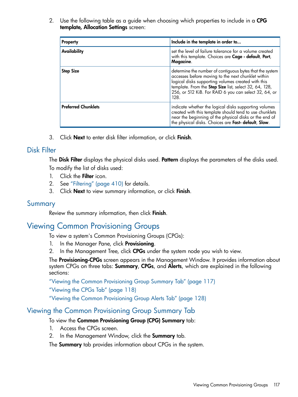 Disk filter, Summary, Viewing common provisioning groups | Viewing the common provisioning group summary tab, Disk filter summary | HP 3PAR Operating System Software User Manual | Page 117 / 424